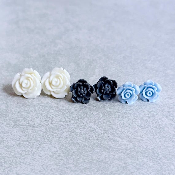 Denim Blues Floral Stud Earrings, Set of 3 - Ivory White Roses, Grey Peonies, Powder Blue Roses, Stainless Stud Posts