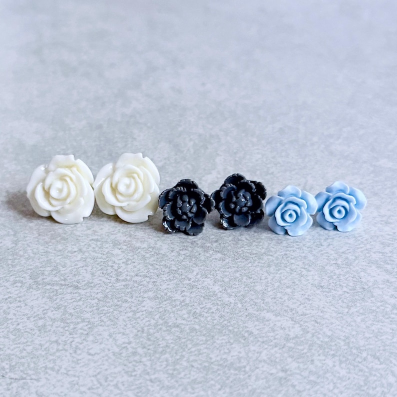 Denim Blues Floral Stud Earrings, Set of 3 - Ivory White Roses, Grey Peonies, Powder Blue Roses, Stainless Stud Posts image 1