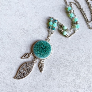 Cracked Turquoise Beaded Necklace - Glass Beads, Mint Beads, Sea Foam, Arrow Charms, Geometric, Filigree Leaf, Layering Necklaces, Boho Chic