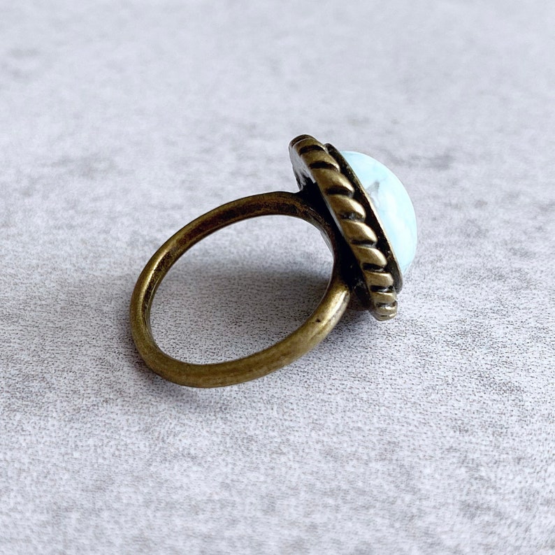 Vintage-Inspired Mint Green Turquoise Ring Antique Bronze Braided Bezel Size 6 Band Sea Foam Pale Aqua Boho Chic Stacking Rings