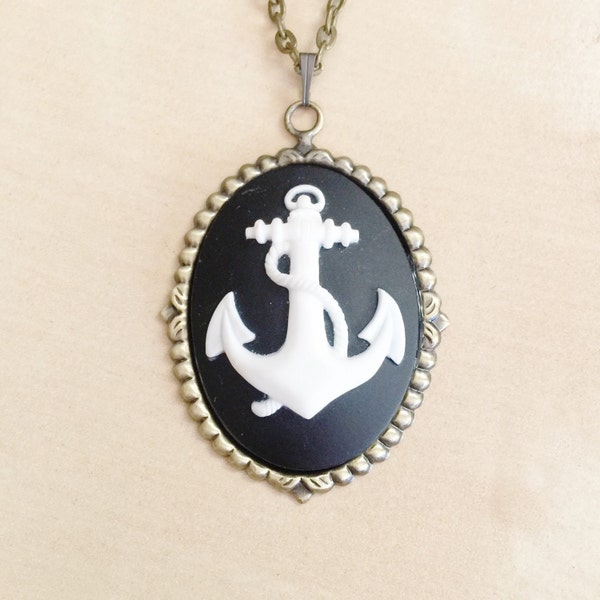30% OFF: Anchor Cameo Necklace - Antique Bronze Link Chain (18"), Large 40 x 30mm White-on-Black Vintage Cameo, Nautical, Sailor-Inspired