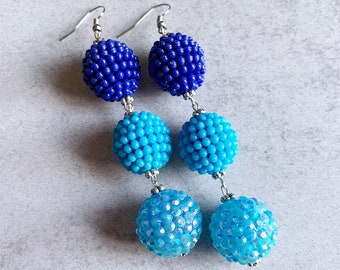 Ombre Blue Pom Pom Statement Earrings - Round Beaded Gumball Charms, Iridescent Rhinestones, Cobalt, Sky Blue, Aqua Glitter, Pop of Color