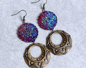 Red Druzy Art Deco Statement Earrings - 25mm Glitter Geode Cabochons, Vintage Antique Bronze Circle Charms, Gypsy Jewelry, Bohemian Chic