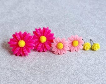 Hot Pink Daisies · Light Pink Daisies · Yellow Roses // Floral Stud Earrings, Set of 3 - Bright Colors, Garden Party, Stainless Steel Posts