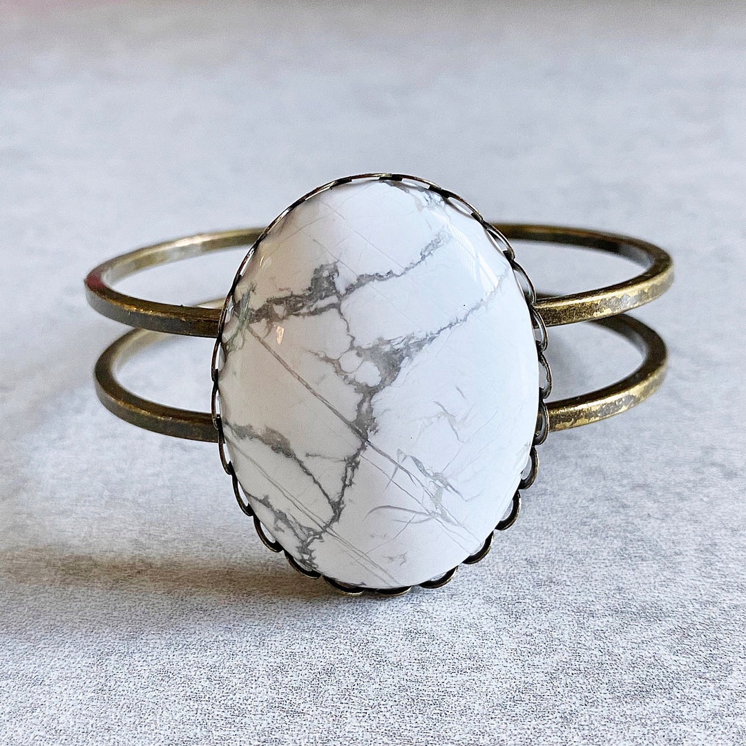 Oval White Marble Turquoise Bangle - Antique Bronze Stacking Bracelets ...