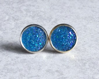 Cornflower Blue Druzy Earrings - Faux Quartz Geodes, Silver Bezel Studs, Aqua, Light Blue, Sky Blue, Sparkly, 12mm Stone Cabochons, Mystical