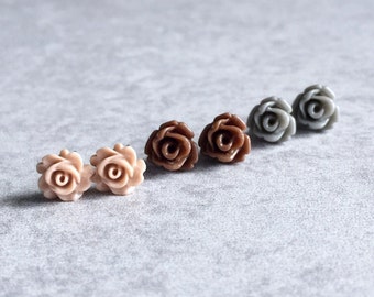 Neutral Tone Rose Stud Earrings, Set of 3 - Chocolate Roses, Latte Brown, Grey, Tiny Flowers, Hypoallergenic, Stainless Steel Stud Posts