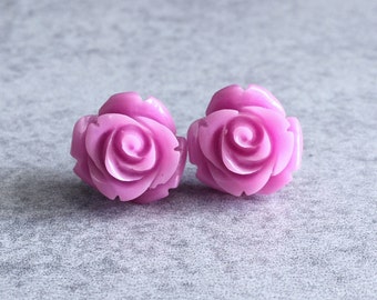 Lilac Blooming Rose Bud Earrings - Silver Plated Stud Posts, 15mm Resin Roses, Cabochons, Light Purple, Orchid, Violet, Bridesmaid Jewelry
