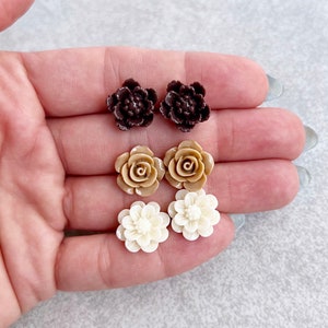 Mocha Brown Latte Brown White Chocolate // Floral Stud Earrings, Set of 3 Resin Flower Cabochons, Silver Stud Posts, Roses, Peonies image 4