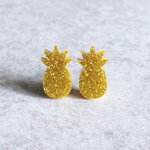 Pineapple Stud Earrings Laser Cut Acrylic Cabochons, Golden Yellow, Tropical Punch, Glitter Studs, Fruity, Hawaiian, Kawaii, Cute Jewelry image 1