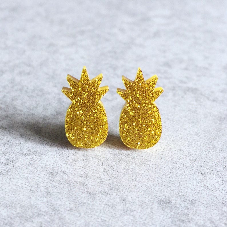 Pineapple Stud Earrings Laser Cut Acrylic Cabochons, Golden Yellow, Tropical Punch, Glitter Studs, Fruity, Hawaiian, Kawaii, Cute Jewelry image 1