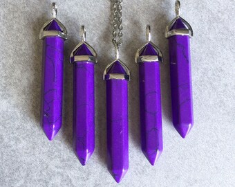 Purple Turquoise Crystal Necklace - Gemstone Pendulum Pendant, Howlite Marble, Reiki, Healing, Meditation, Silver Chain, Chakra Jewelry