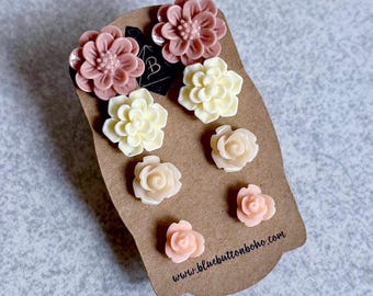 Pretty Peach Palette // Floral Stud Earrings, Set of 4 - Mauve Pink Peonies, Buttercream Succulents, Pale Peach Dahlias, Coral Pink Roses