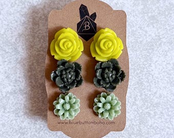 Chartreuse · Pine · Sage // Green Flower Stud Earrings, Set of 3 - Resin Floral Cabochons, Roses, Peonies, Dahlias, Stainless Stud Posts