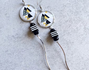 Black & White Geometric Mountain Earrings - Gold Mtns, Yellow Sun, Square Striped Beads, Faceted Beads, Silver Charms, Sunset, Nature Lover