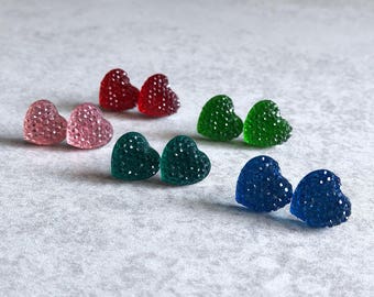 50% OFF: Rhinestone Heart Earrings - Pink, Teal Green, Blue, Silver Studs, Resin Cabochons, Kawaii, Hearts, Sparkly, Sweet, Love, Kitsch