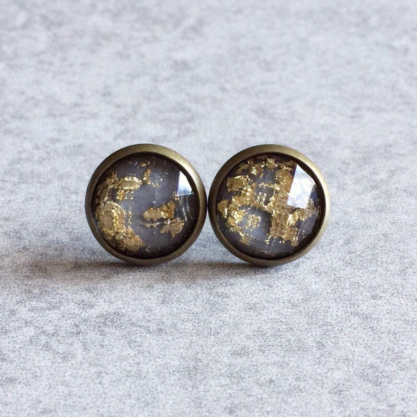 Faceted Gold Leaf Stud Earrings - Concrete Grey, Antique Bronze Bezel Trays/Stud Posts, Metallic Foil, Boho Chic, Bridesmaids Jewelry