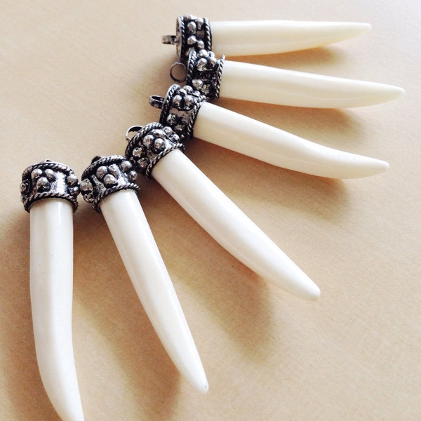 Bone Tusk Necklace - Buffalo Horn, Carved Pendant, Tribal Charm, Antique Silver Bead, Ivory, Teeth, Native, Hippie, Bohemian, Silver Chain