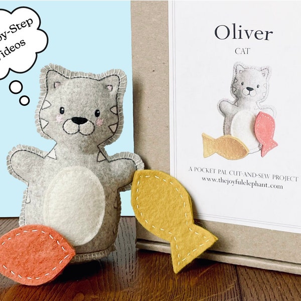 Make Your Own Oliver Cat Beginner Sewing Kit, Easy Craft for Kids or Adults, Wool Felt Hand Sewing Kit, DIY Kitty Plushie, Eco-Friendly Gift