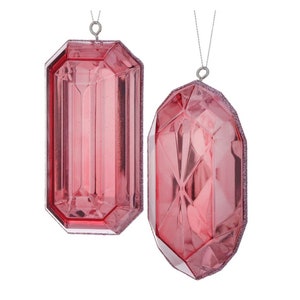Set of 2, Pink Emerald Cut Ornaments, 5 Inch, Oblong and Rectangle Shape, Gem Ornaments, Jewel, Wreath Attachment, Tree decor