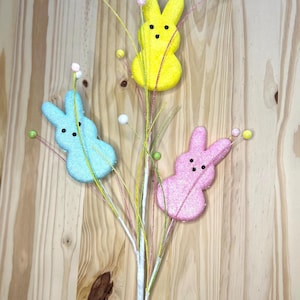 24&quot; Easter Peeps Sugar Bunny Ball Spray Holiday Pick in Pink, Blue, and Yellow Stem Wreath Decoration