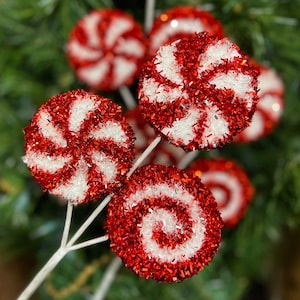 12.5&quot; Red and White Tinsel Peppermint Lollipop Picks Christmas Decor