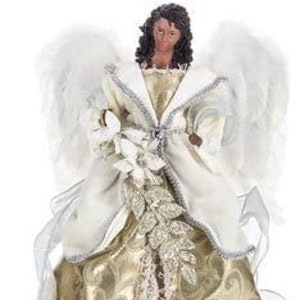 18" Stunning African American Angel Holding Garland Ivory and Gold Tree Topper or Home Decoration