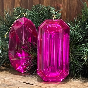 Set of 2, Fuchsia Emerald Cut Ornaments, 5 Inch, Oblong and Rectangle Shape, Gem Ornaments, Jewel, Wreath Attachment, Tree decor