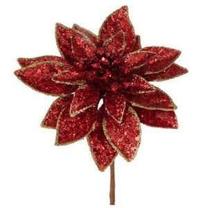 Red and Gold Glitter Poinsettia Pick and Blacked Ice Pick Christmas Decoration Wreaths Trees Centerpieces