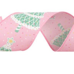 10 yards Pink Christmas Tree Wired Edge Ribbon - 2 1/2"