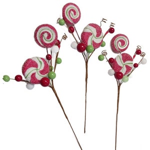 Peppermint Candy and Berry Glitter Picks Wreath Attachments Vase Decorations, Set of 3