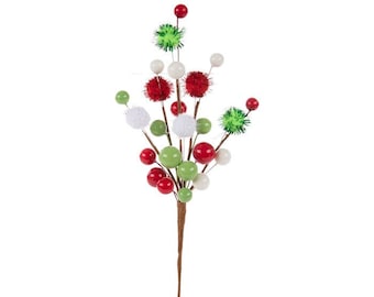 Red white and green Christmas pick - grinch Christmas pick - Christmas tree pick - classic Christmas pick Pom Poms