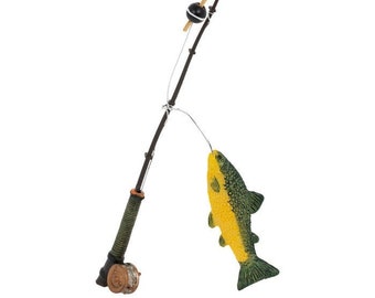 Fairy Garden Miniature Fishing Fly Fishing Pole & Reel with Fish Doll House Miniature for Fairy Garden, Doll House Scale, Dollhouse