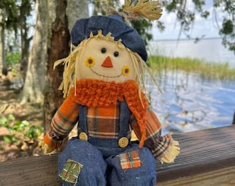 Orange Plaid Scarecrow Shelf Sitter Home Fall Autumn Table Decoration 12 Inch Length