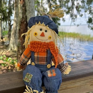 Orange Plaid Scarecrow Shelf Sitter Home Fall Autumn Table Decoration 12 Inch Length