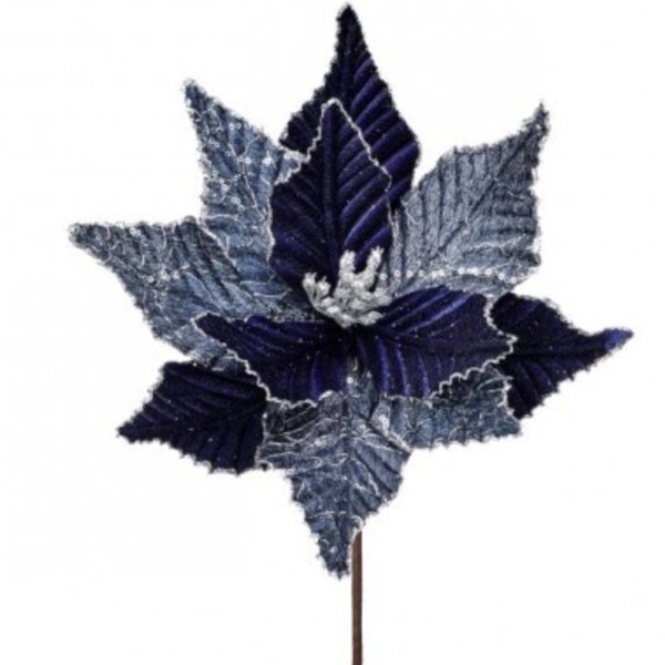 24" Winters Night Navy Blue and Silver Poinsettia Stem