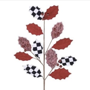24&quot; Leaf or Poinsettia Velvet with Check Christmas Poinsettia Flower Stem Pick Home Decoration