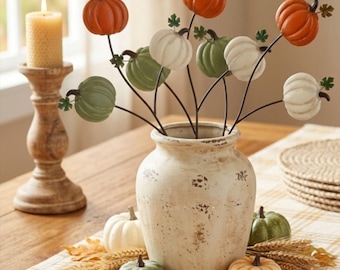 Pumpkin Trio Metal Pick 15" Fall Floral Centerpiece, Rustic Autumn Home Decor, Distressed Farmhouse Seasonal Table Accent Choose Color