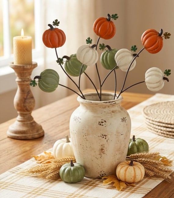 Pumpkin Trio Metal Pick 15" Fall Floral Centerpiece, Rustic Autumn Home Decor, Distressed Farmhouse Seasonal Table Accent Choose Color