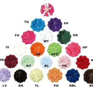Op de afbeelding: Een kleurenkaart met kleine, ronde stoffen bloemen in verschillende kleuren, waaronder blauw, paars, roze, groen, wit, oranje en rood. Elke bloem is gelabeld met tweeletterige afkortingen. Bovenop een roze bloem met wit lint.