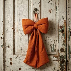 May include: A large, burnt orange bow made of textured corduroy fabric. The bow features two wide, horizontal loops and two long, vertical tails that hang downward. It is suspended from a small, circular metal ring at the top center.