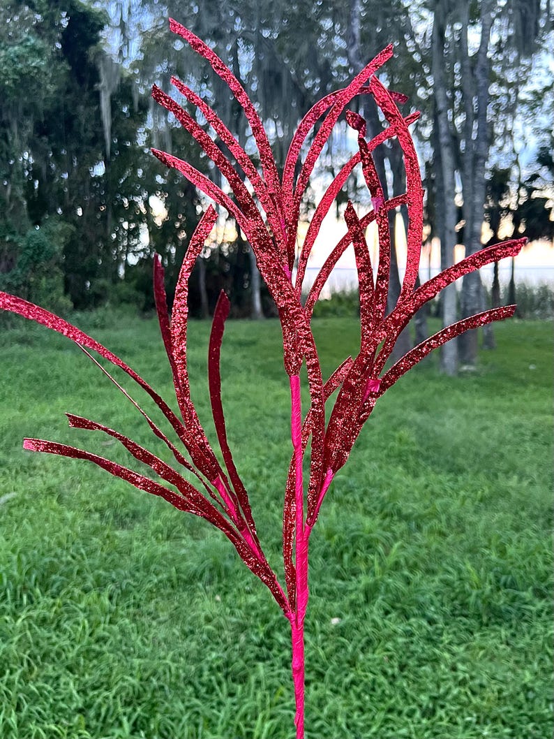 4 Pc Christmas Glittered Paper Grass Red Spray Pick Home Tree Trimming