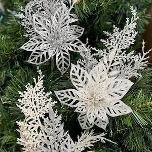 Piece Poinsettia Silver And White Glitter Christmas Tree Ornaments Home Accent Decoration