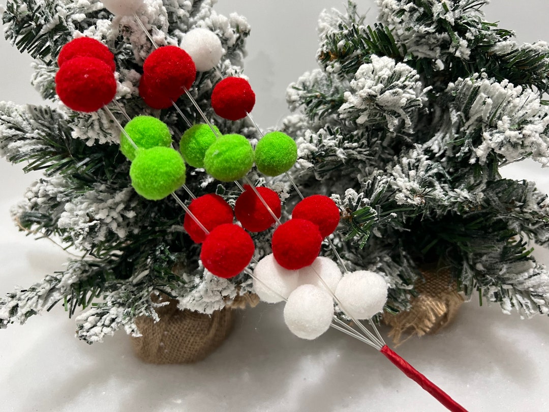 VINTAGE: Red and Green Christmas Craft Finds Christmas Tree Greenery Picks,  Plastic Bulb Picks, Metallic Pompom Picks Corsage Arrangements 