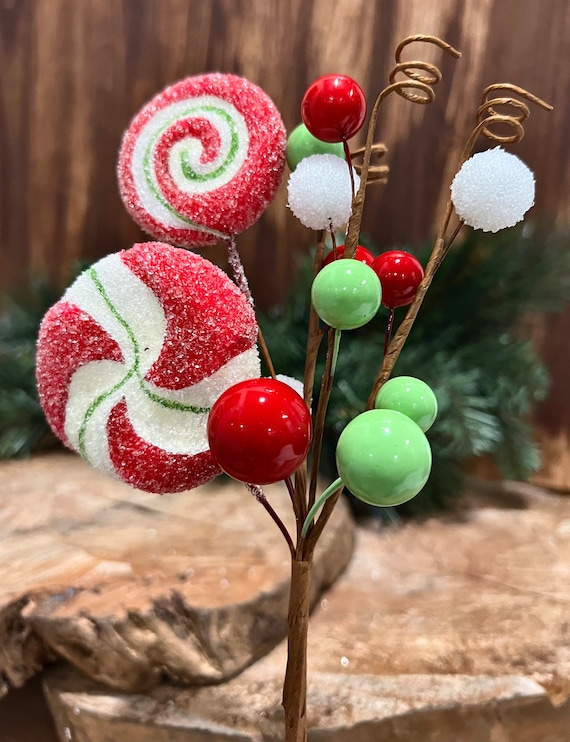 Christmas Grinch Picks Candy Sugar Peppermint Lollipop Red Green Ornaments