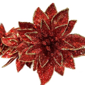 3 Red and Gold Glitter Poinsettia Pick and Blacked Ice Pick Christmas Decoration Wreaths Trees Centerpieces