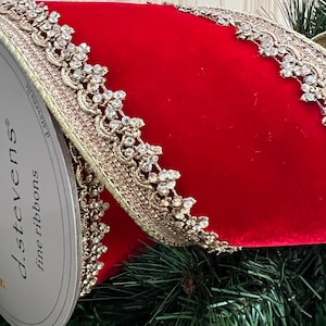 Gilded Designer Countess Crimson Red Velvet Trim Ribbon - 4&quot; x 5yds Luxurious Christmas And Home Decor Ribbon Designer Ribbon D. Steven&#39;s