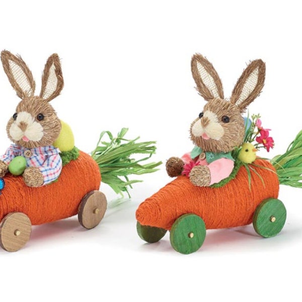 Burlap Bunny in Carrot Car Decor - Carrot Car with Sparkling Egg Riders - Choose Boy, Girl, or Set of Two!