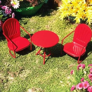 Fairy Garden Miniature Bistro Table & Two Chairs Set for Fairy Garden, Red Metal, Fairy Furniture, Dollhouse Accessory, Table and Chair Set