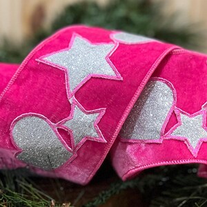 4 inch Hot Pink Velvet with Hearts and Stars Accent Wired Christmas Ribbon Holiday Glam